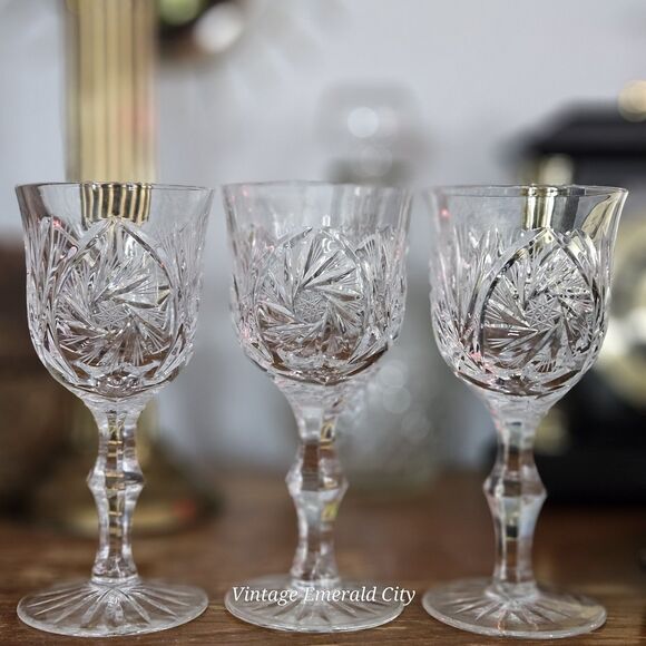 Vtg American Cut Crystal Co. ELEANOR Star & Fan Cut Pattern Wine Goblet Set Of 3 - Picture 12 of 12